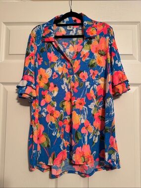 Sew In Love Blue Floral Polo Blouse with Pink Accents